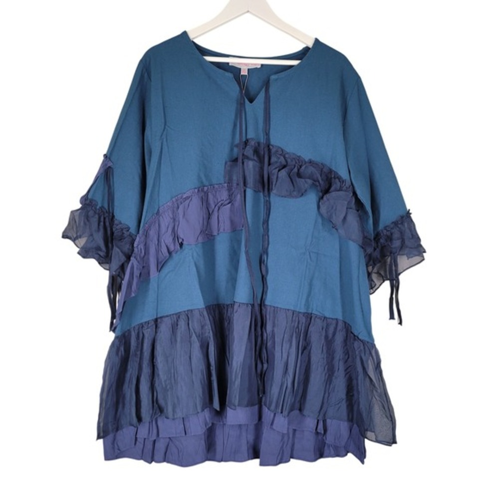 Pretty Angel Linen Tunic Top‎ Womens XL Teal Navy Blue Boho Ruffle Lagenlook